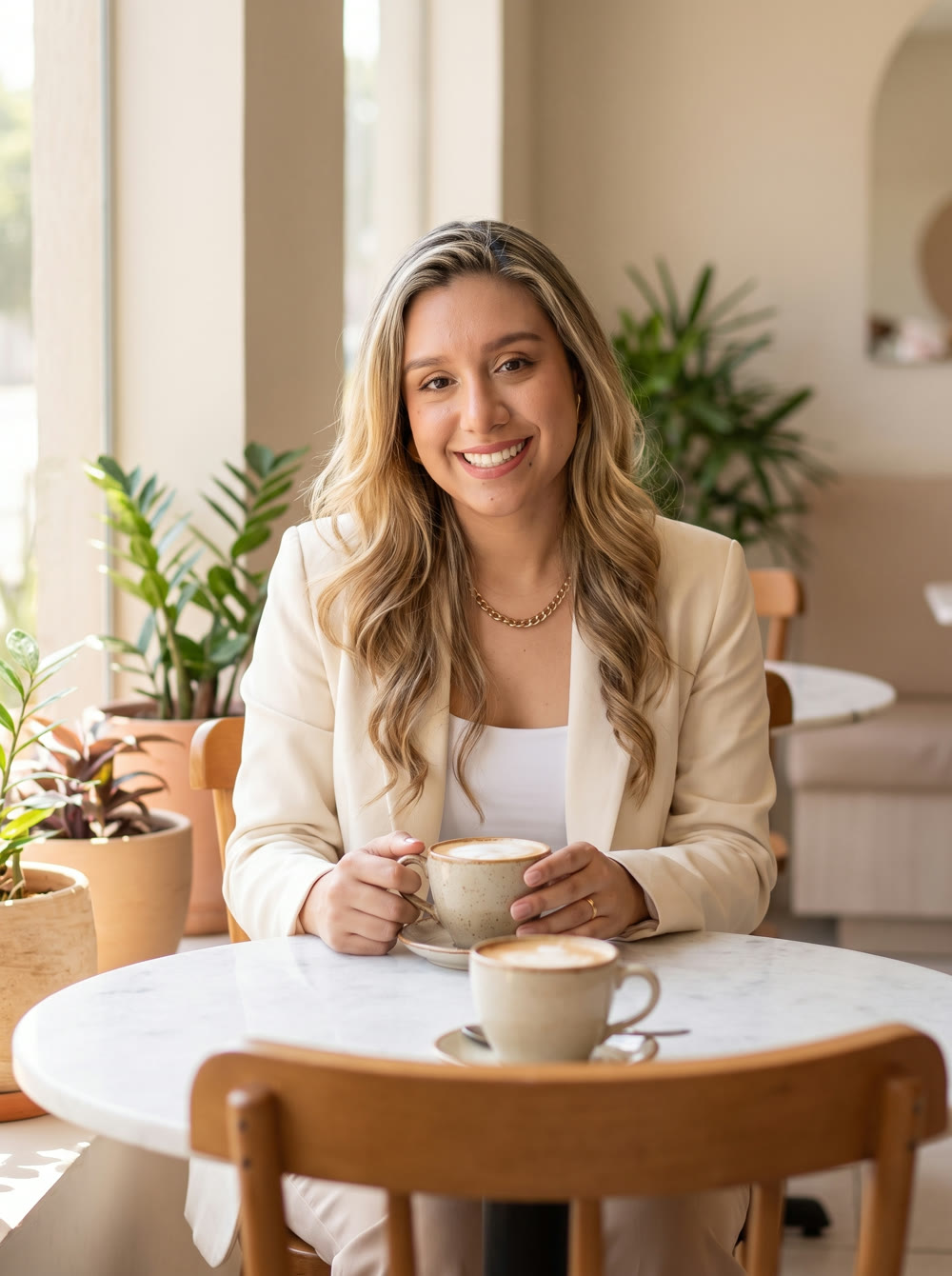 Martha Elena Vaca Pereira en un café, lista para una consultoría