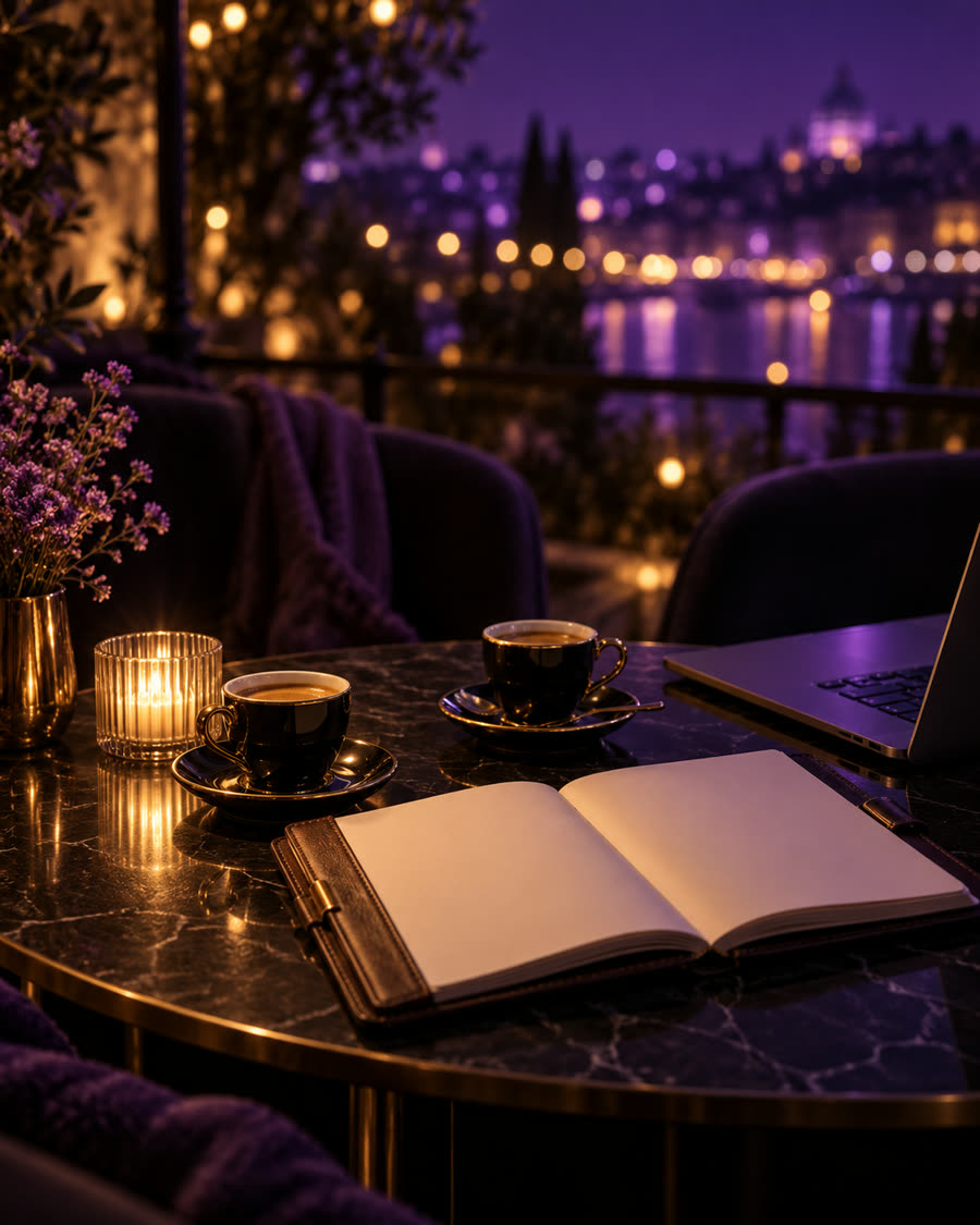 Mesa de café lista para una consultoría de marketing