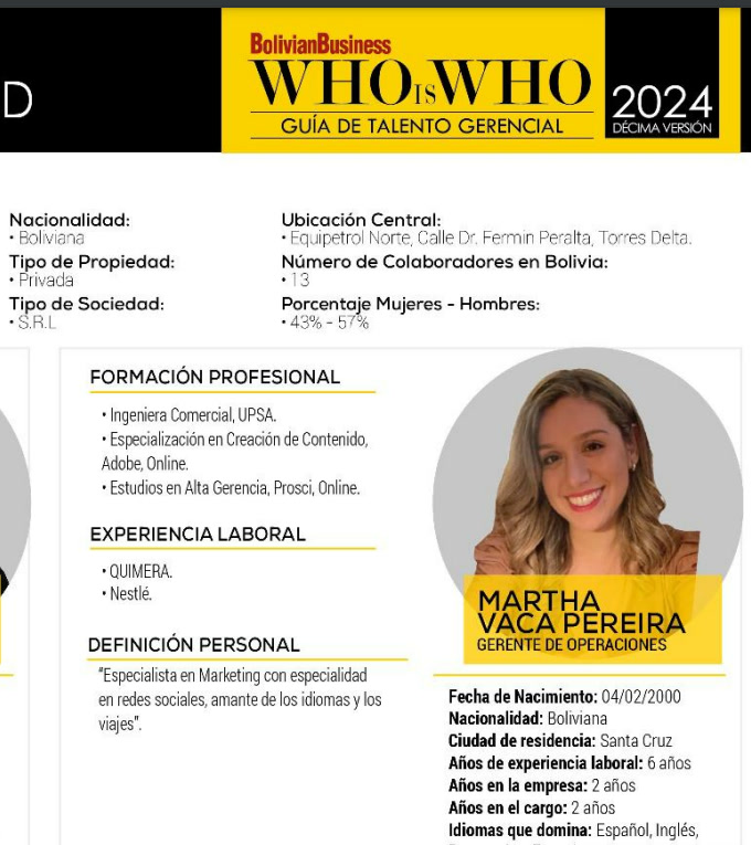 Martha Elena Vaca Pereira en la guía Who is Who 2024 de Bolivian Business